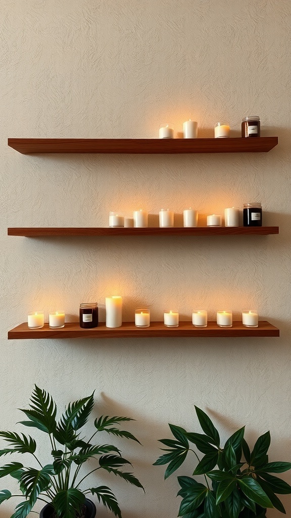 A beautifully arranged candlelight shelf setup with white candles and plants.