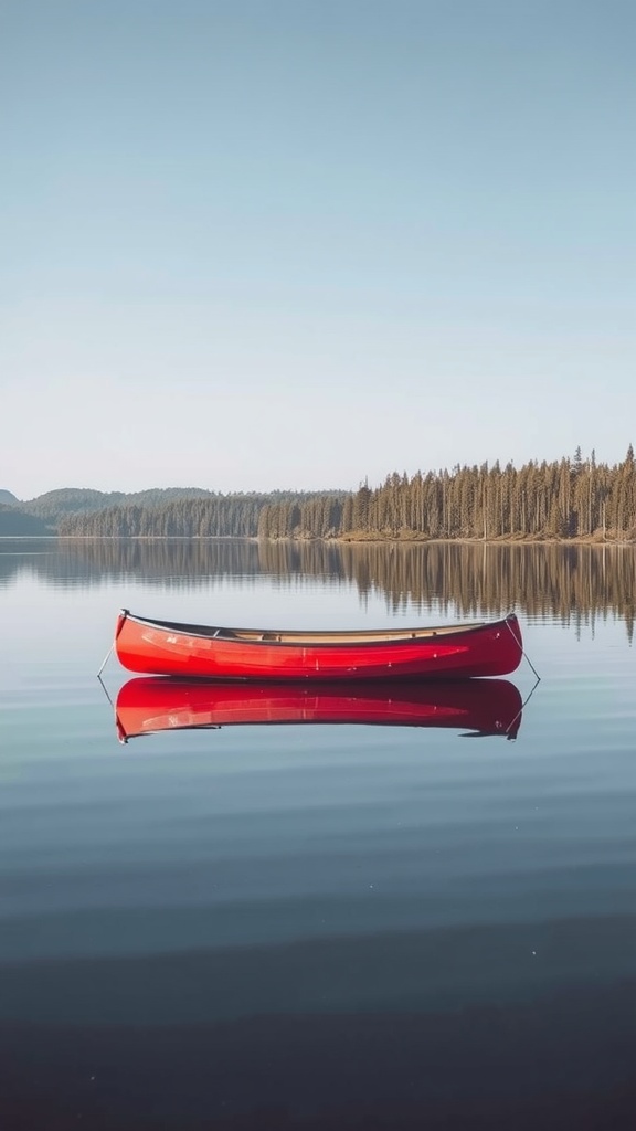 A red canoe floating on calm water with trees in the background