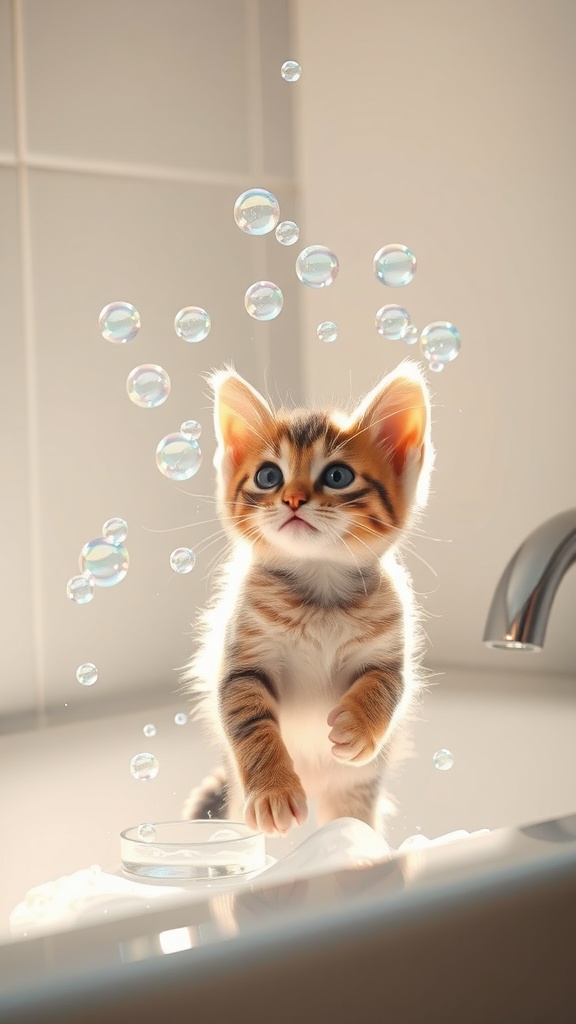 A playful kitten surrounded by bubbles in a bright setting.
