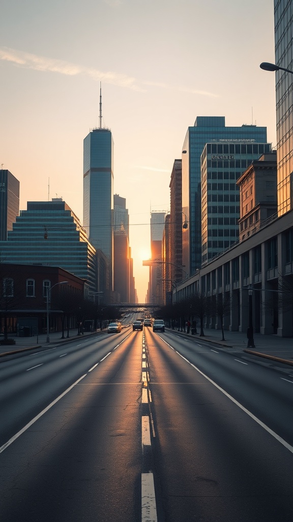 City skyline at dawn with warm sunlight illuminating the buildings and empty road.