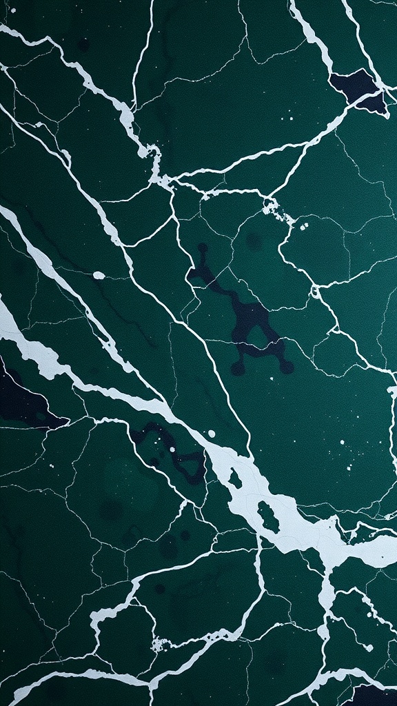 A deep green marble with white veins, creating a dramatic and elegant visual effect.