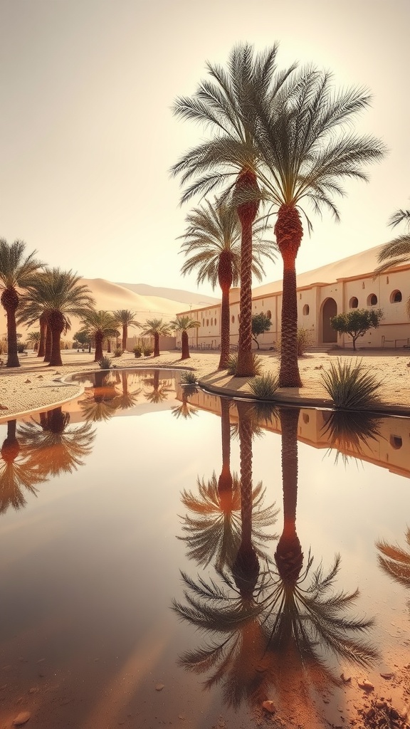 A desert oasis with palm trees reflecting in the calm water.