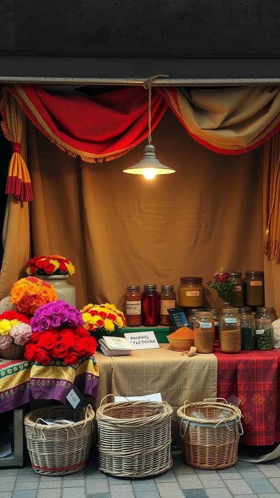 A colorful Desi Bazaar themed setup with flowers, spices in jars, and warm lighting.