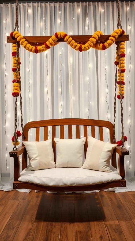 A beautifully decorated wooden swing with marigold garlands and soft cushions, creating a cozy photo booth corner for Diwali.