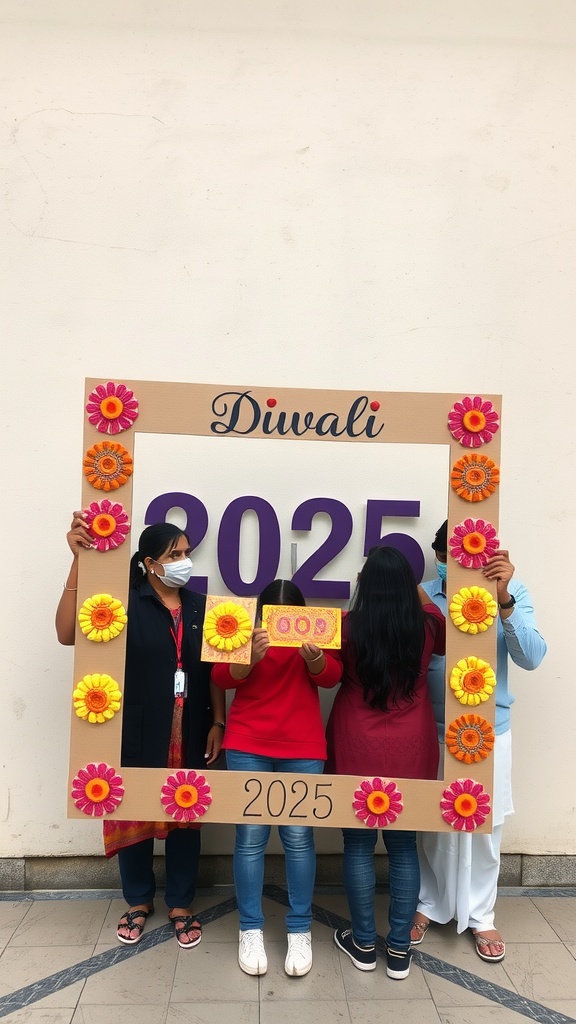 A group of people holding a decorative Diwali photo frame cut-out with flowers