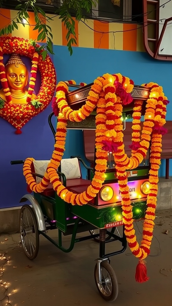 A festive rickshaw decorated with marigold garlands and lights for Diwali