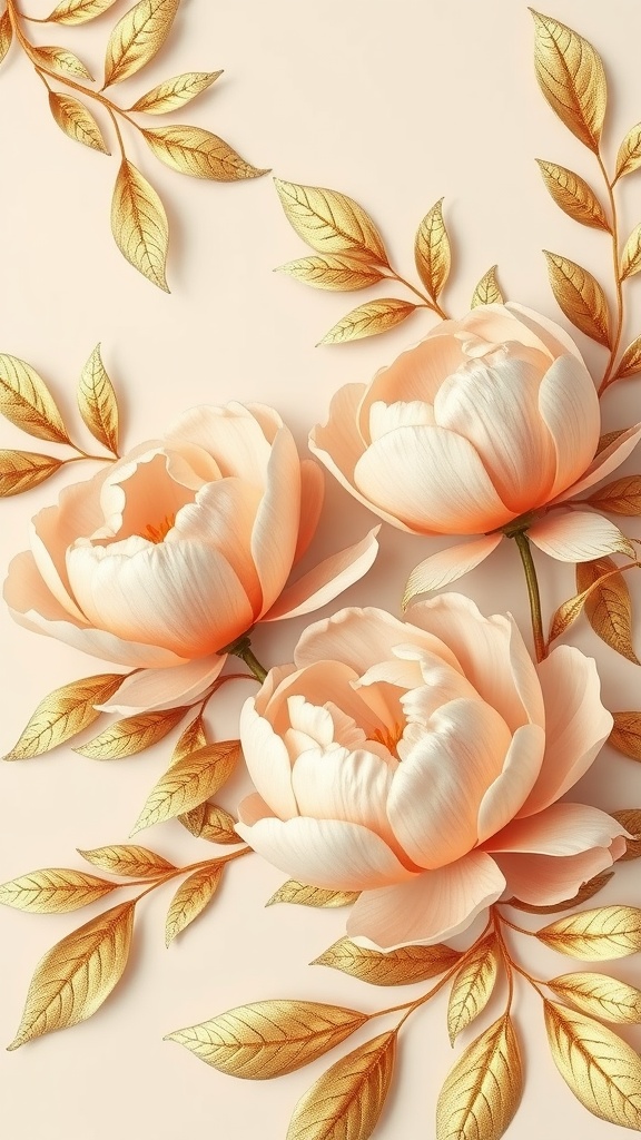 Floral wallpaper with gold leaves and peach flowers.