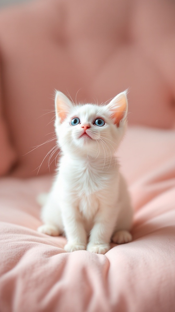 A fluffy white kitten with blue eyes sitting on a pink background.