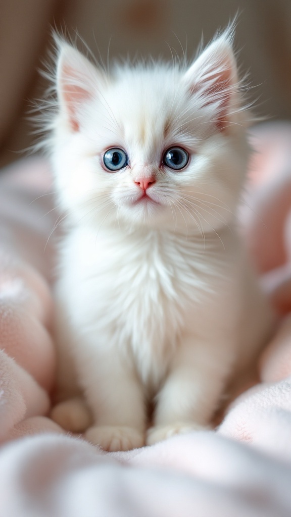 Fluffy white kitten with blue eyes sitting on a soft blanket