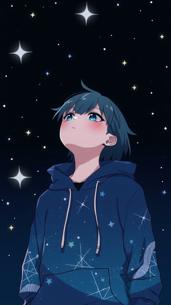 Anime character looking up at the stars in a galaxy-themed hoodie