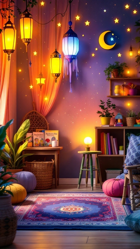 A cozy kid-friendly decor corner with lanterns, stars, and colorful cushions for Ramadan.