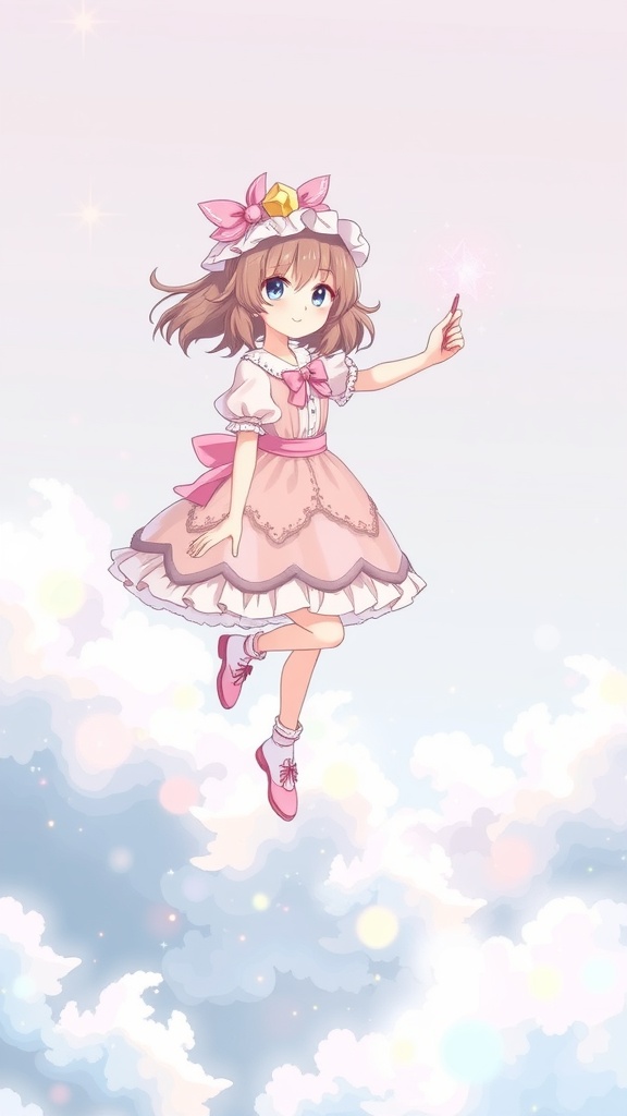A magical girl in pastel colors, wearing a pink dress and holding a wand, floating among clouds.