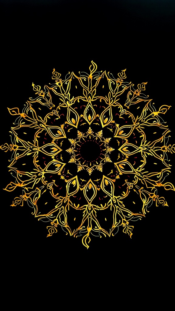 A mandala pattern in gold on a black background