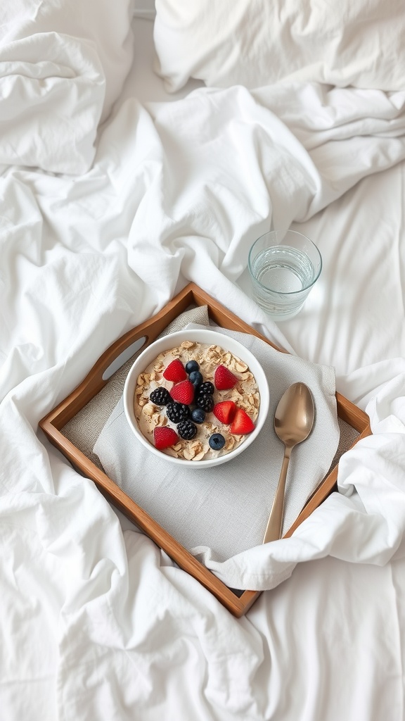 A cozy breakfast in bed featuring oatmeal with berries on a wooden tray.