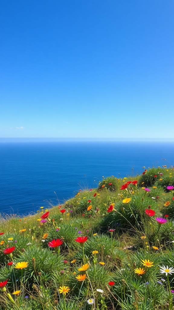 Ocean view with vibrant wildflowers in the foreground