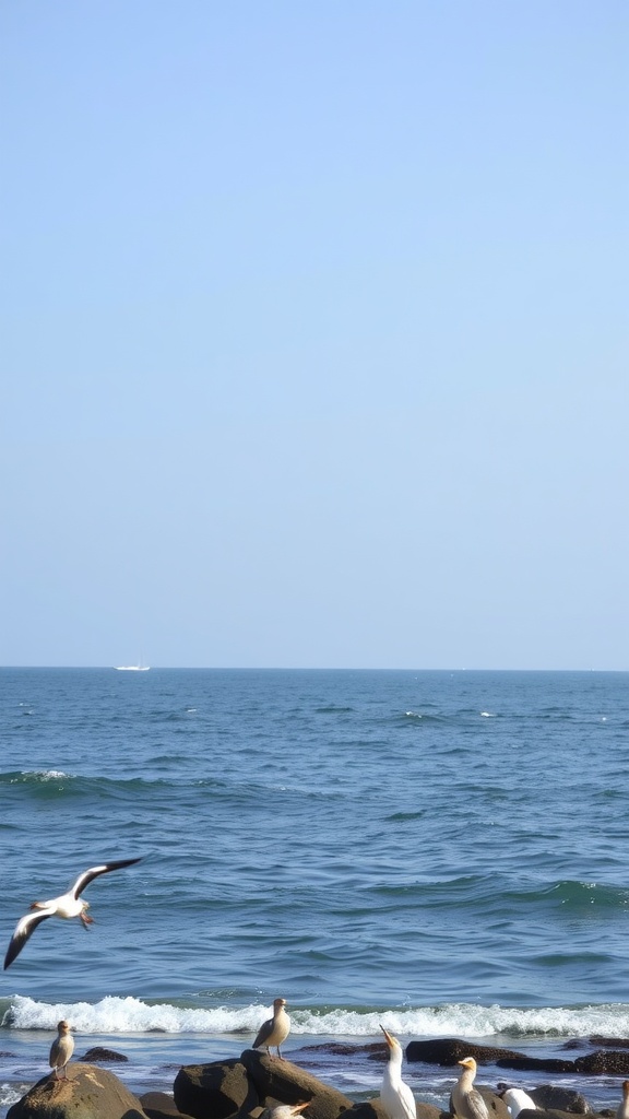 Ocean view with sea birds and gentle waves.