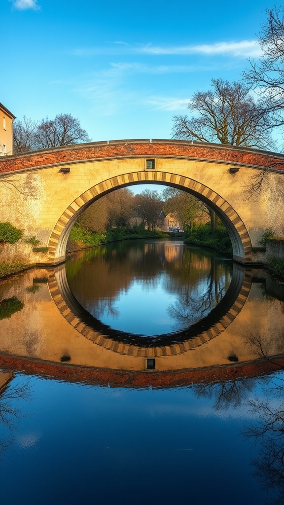 A picturesque old bridge over a calm river, reflecting in the water.