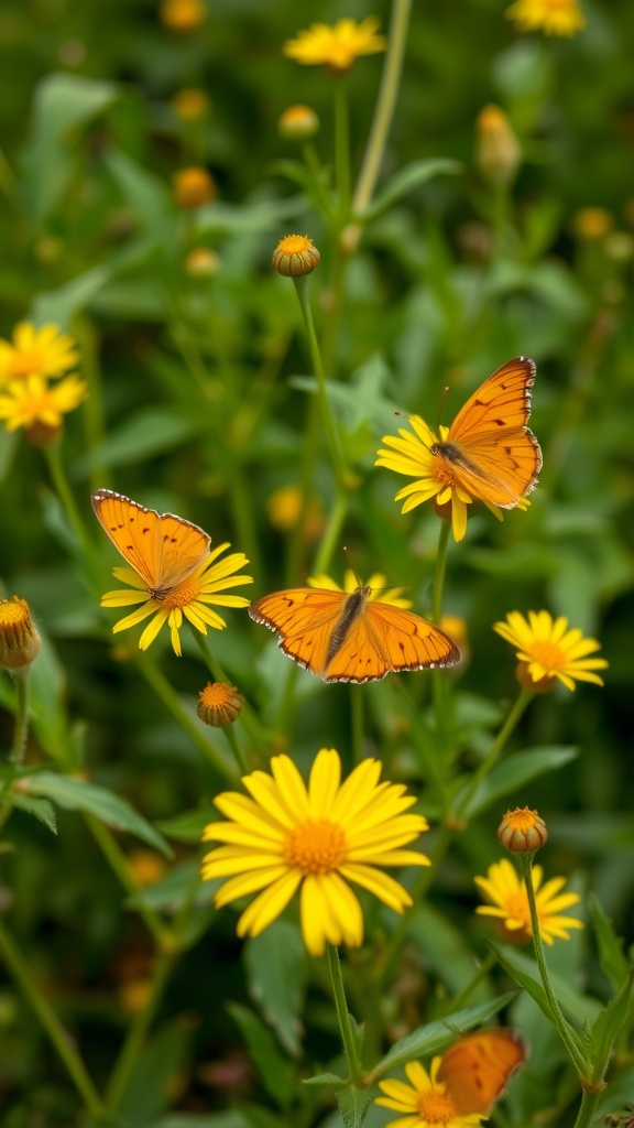 Orange butterflies on yellow flowers in a garden
