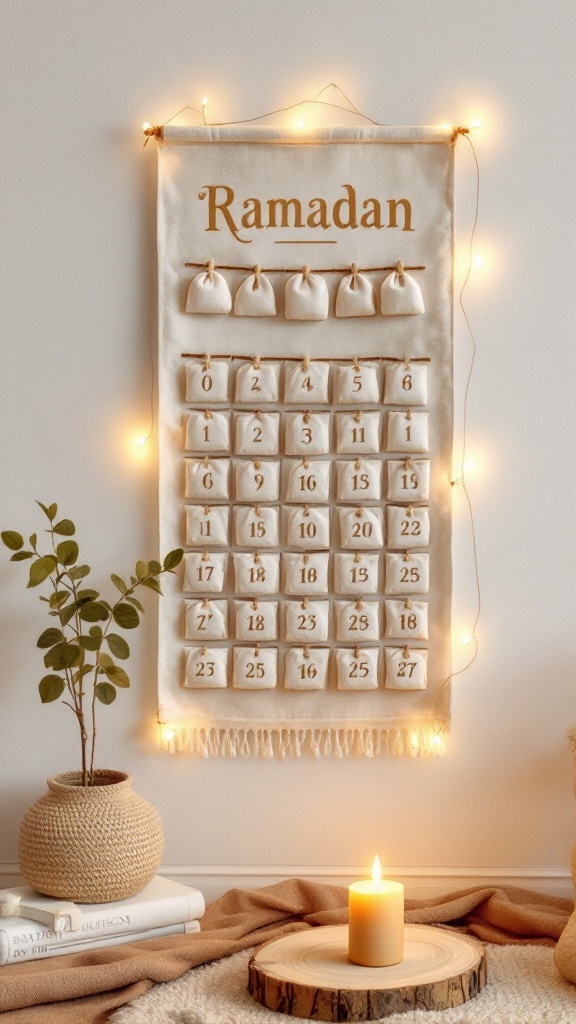 A decorative Ramadan countdown calendar with small pouches for each day of the month.