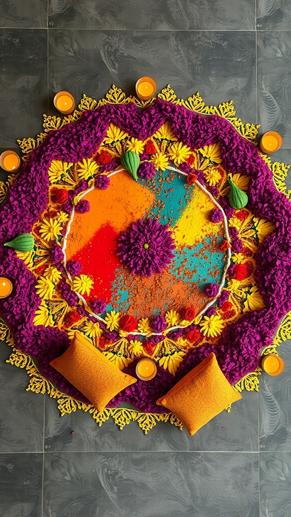 Rangoli floor art with colorful designs and cushions