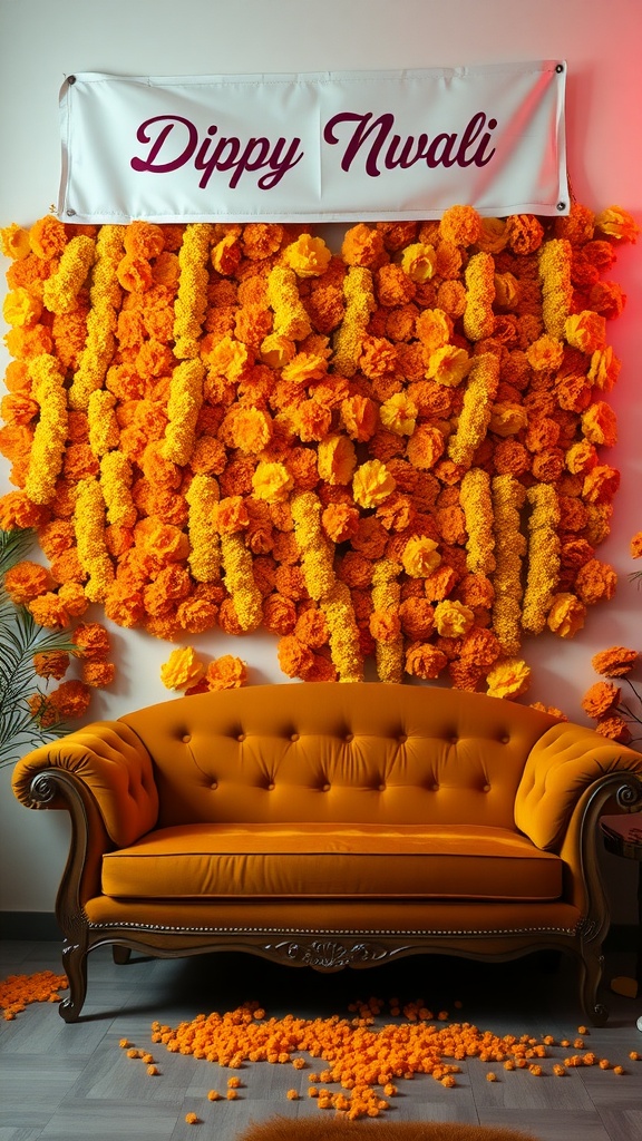 A royal-style orange sofa in front of a vibrant marigold flower backdrop for a Diwali celebration.