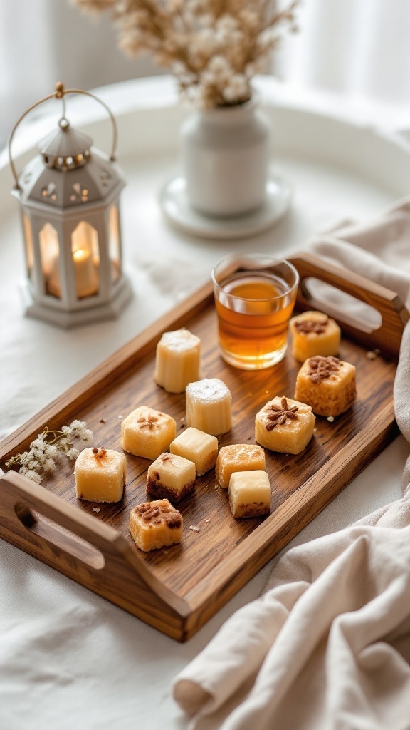 A rustic iftar tray with sweets and a cup of tea, accompanied by a lantern and flowers.