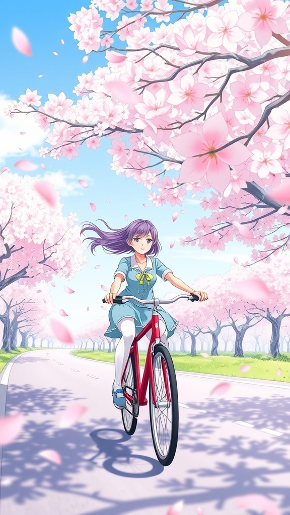 Anime character riding a bike in a sakura tree-lined path.