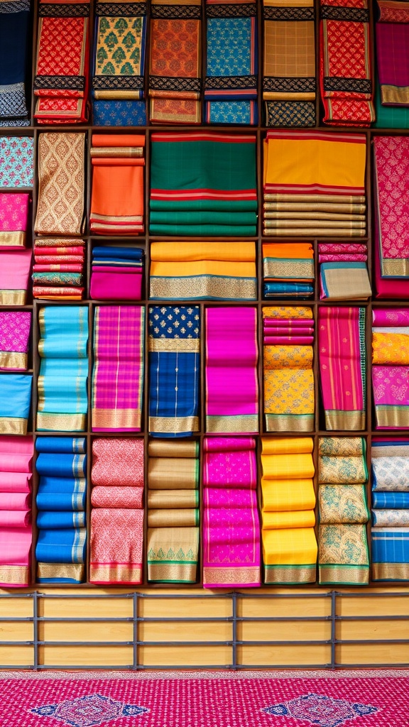 A colorful wall display of various sarees in different patterns and colors.