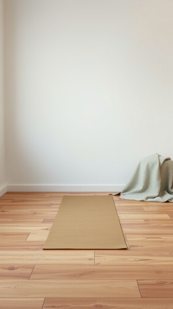 A minimalist yoga space with a mat and a soft blanket