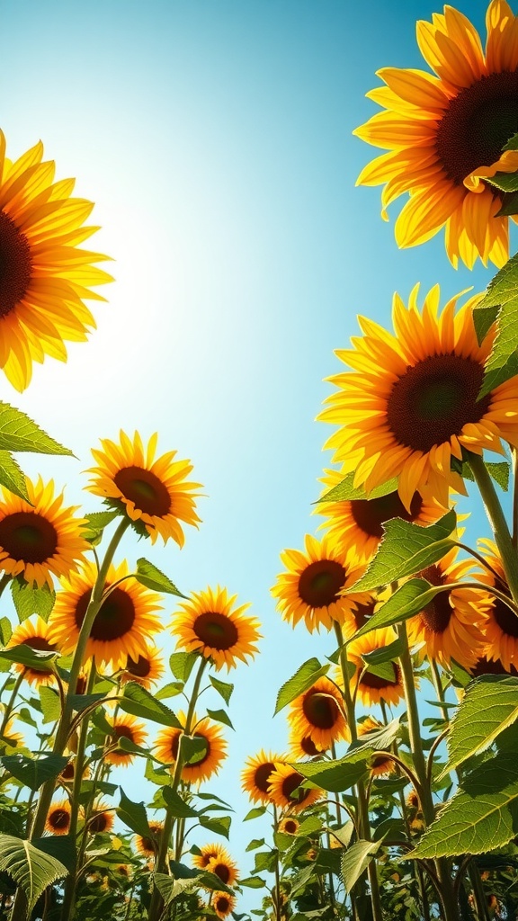 A field of sunflowers against a bright blue sky.