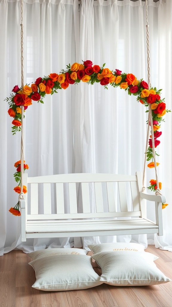 A swing adorned with a flower canopy featuring roses in vibrant colors.