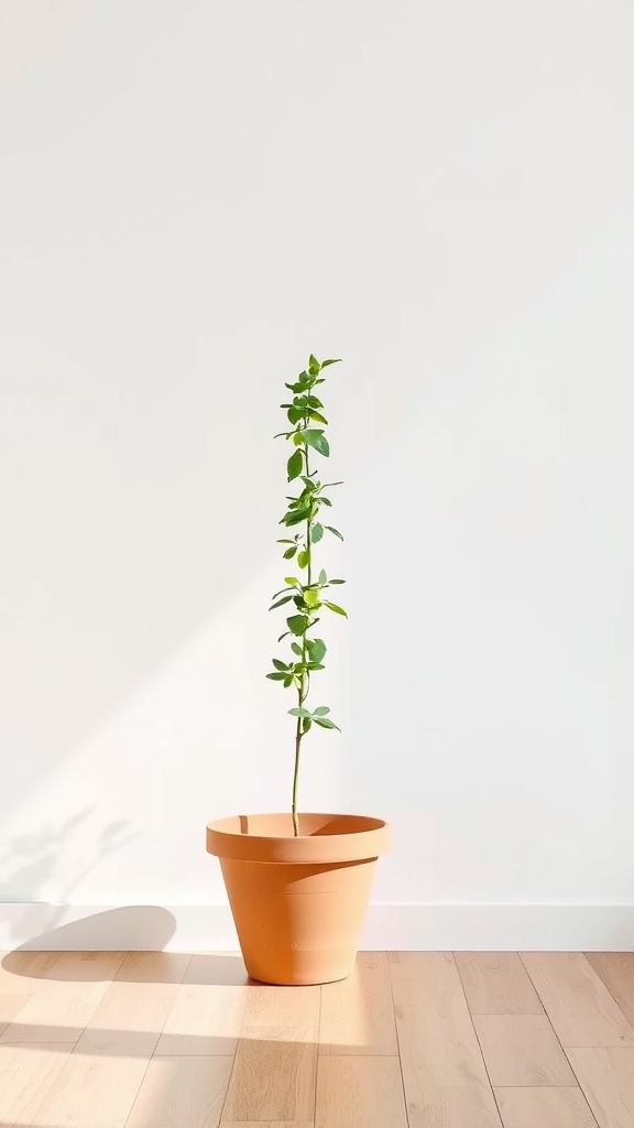A simple plant in a terracotta pot sitting in a bright, minimalist space.