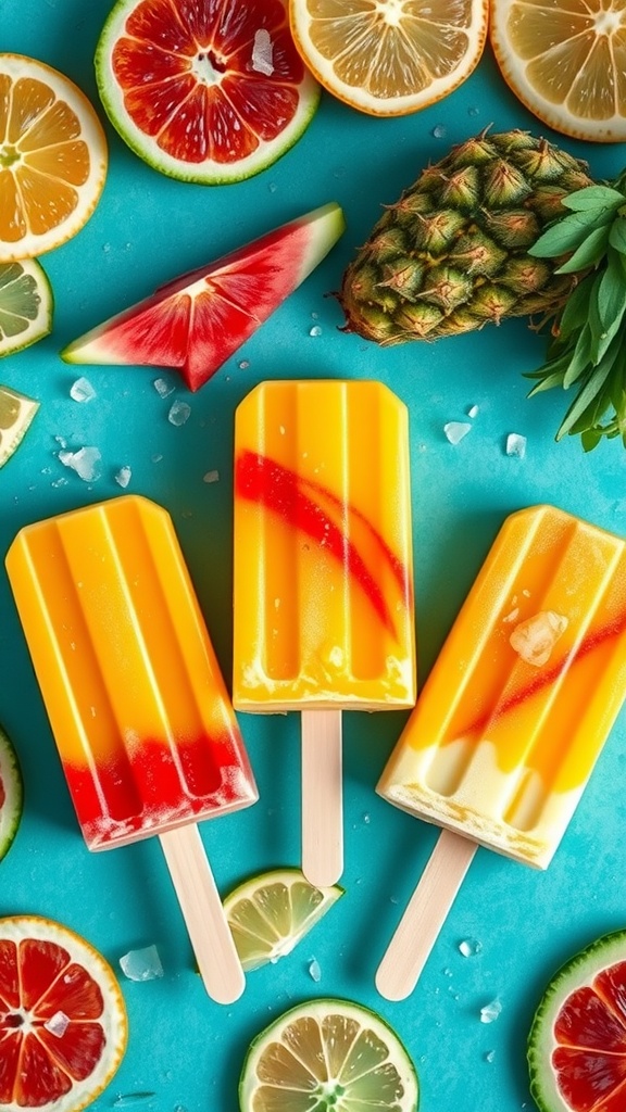Colorful tropical popsicles surrounded by fresh citrus slices