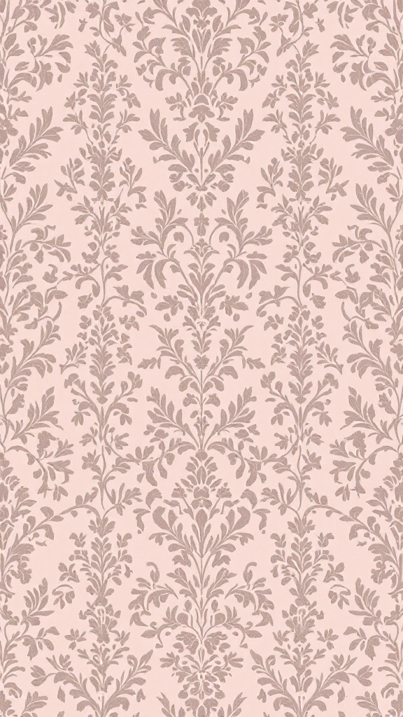 Vintage damask wallpaper in dusty pink and mauve colors.