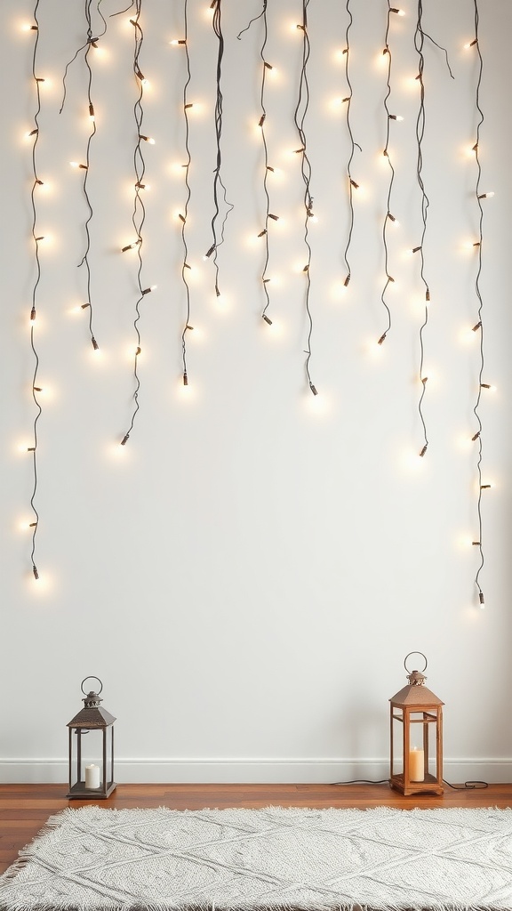 A wall decorated with hanging lights and lanterns on the ground, creating a warm festive atmosphere.