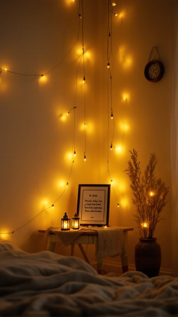 A cozy corner decorated with warm lights, lanterns, and a framed quote.