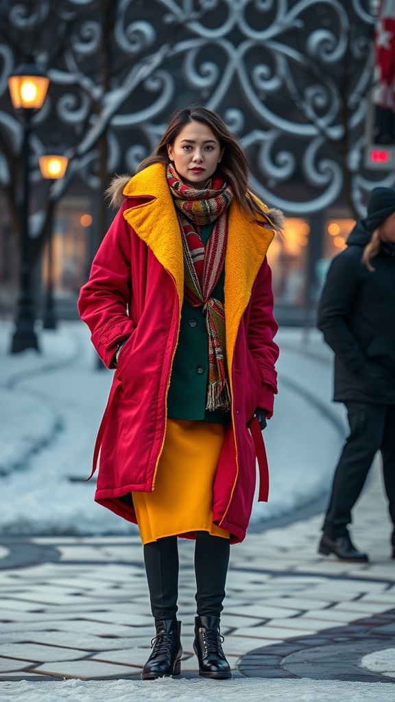 A woman in a red coat with yellow lining, a plaid scarf, and a colorful outfit, standing in a snowy scene.
