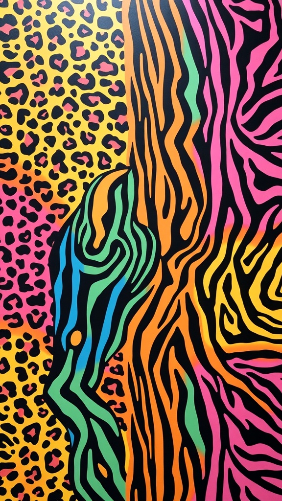 Colorful animal print wallpaper featuring leopard and zebra patterns.