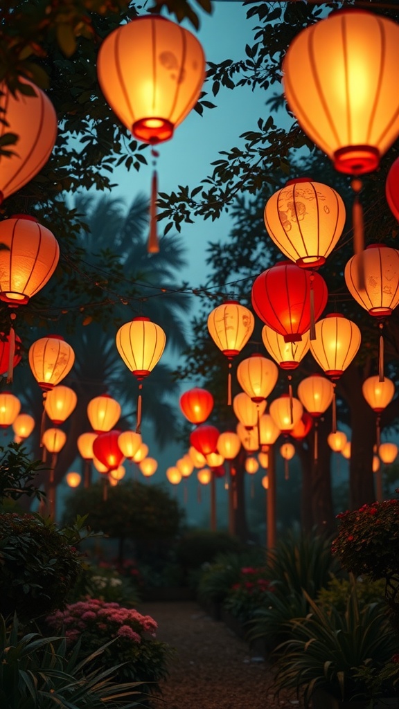 Colorful balloon lanterns glowing softly, hanging amidst greenery