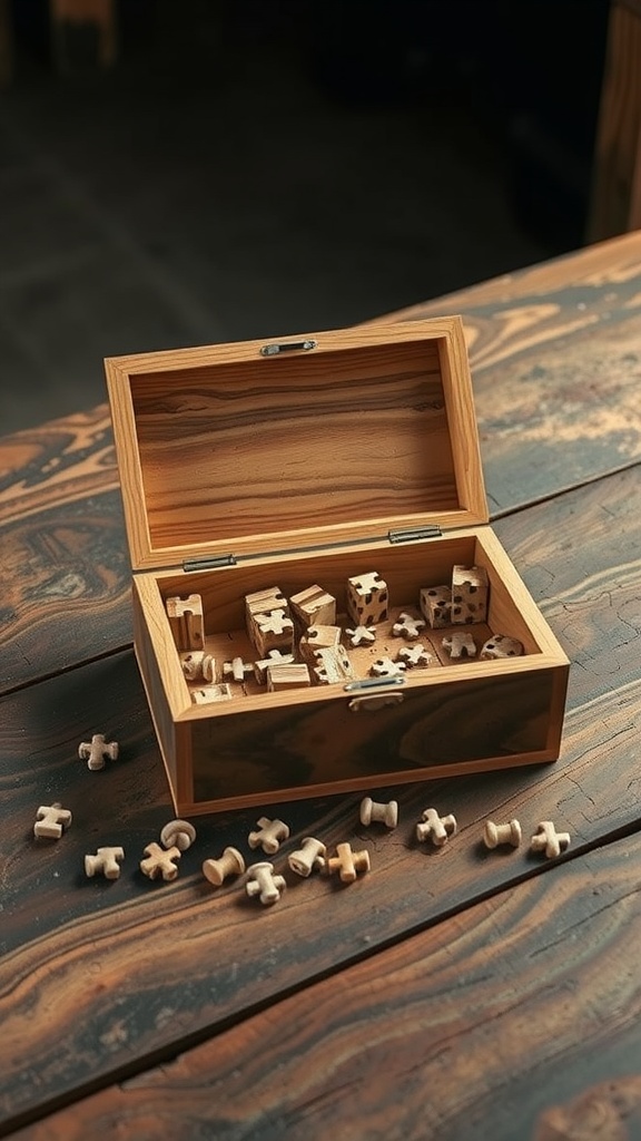 A beautifully crafted wooden puzzle box with various wooden pieces inside and around it.