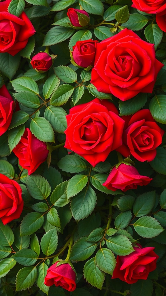 Bold red roses with green leaves in a close-up arrangement.