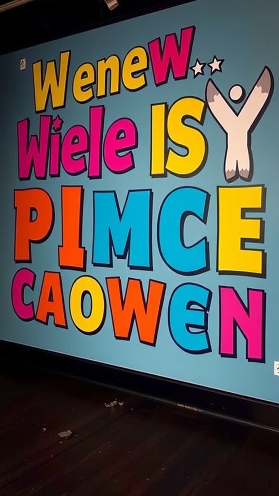 Colorful wall art featuring bold typography with playful fonts.