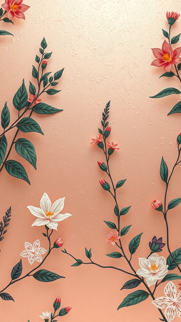 Botanical illustrations featuring flowers and leaves in rose gold against a soft background