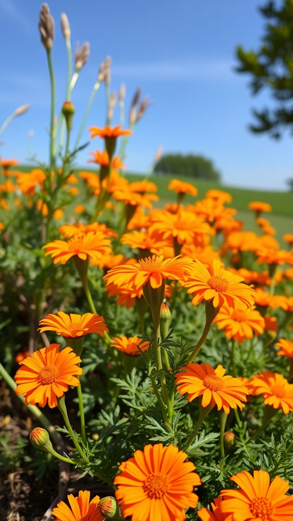A vibrant patch of bright orange marigold flowers under a clear blue sky