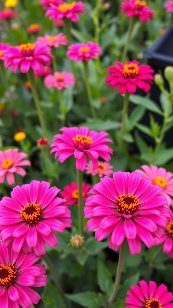 Close-up of bright pink zinnias in bloom with green foliage