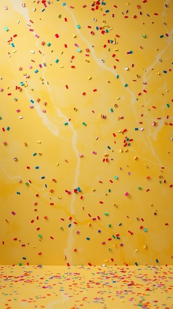 Bright yellow marble wallpaper with colorful confetti glitter