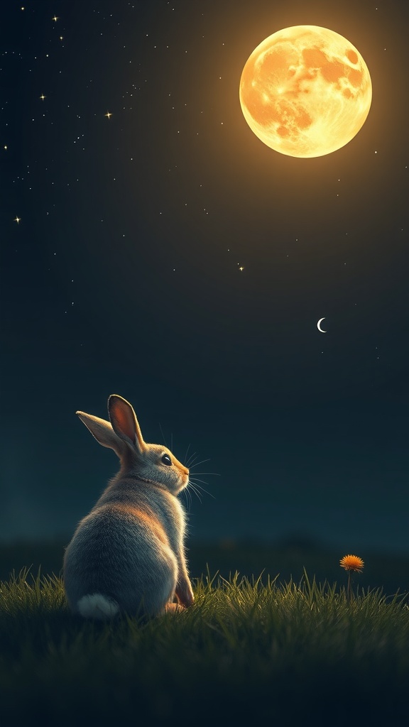 A cute bunny sitting on grass under a bright full moon with stars in the night sky.