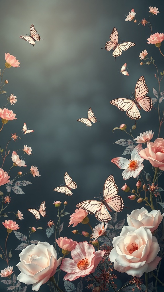 Butterfly Garden Fantasy wallpaper with butterflies and blooming flowers.