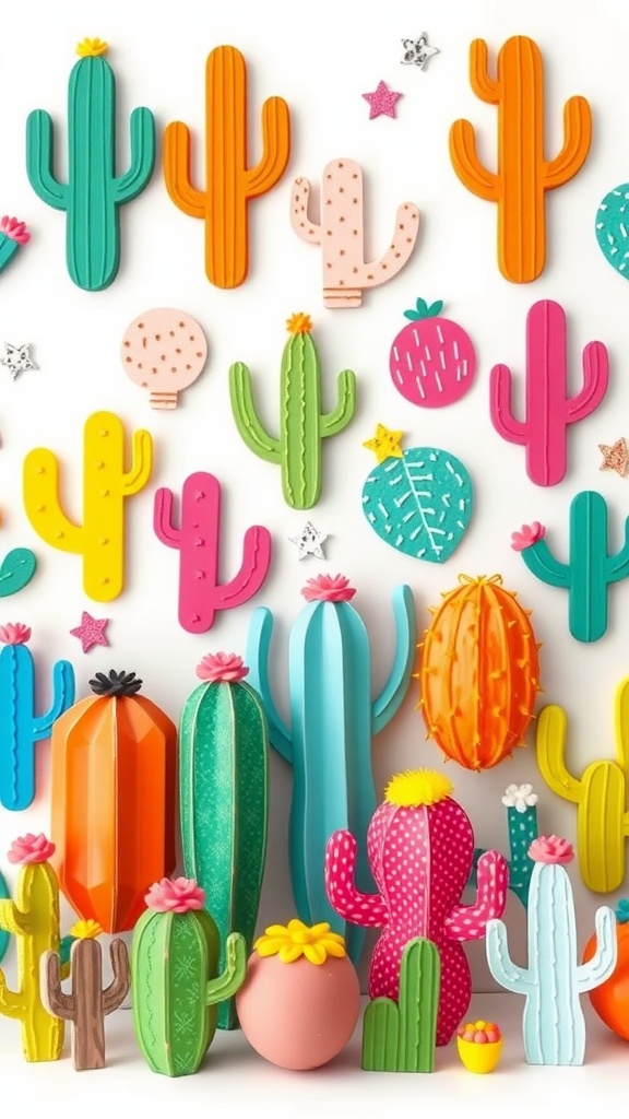 Colorful cacti collection with various shapes and sizes