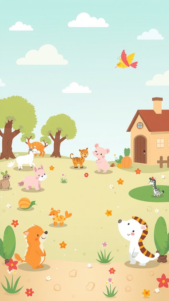 A whimsical cartoon scene featuring various animal characters in a vibrant outdoor setting.
